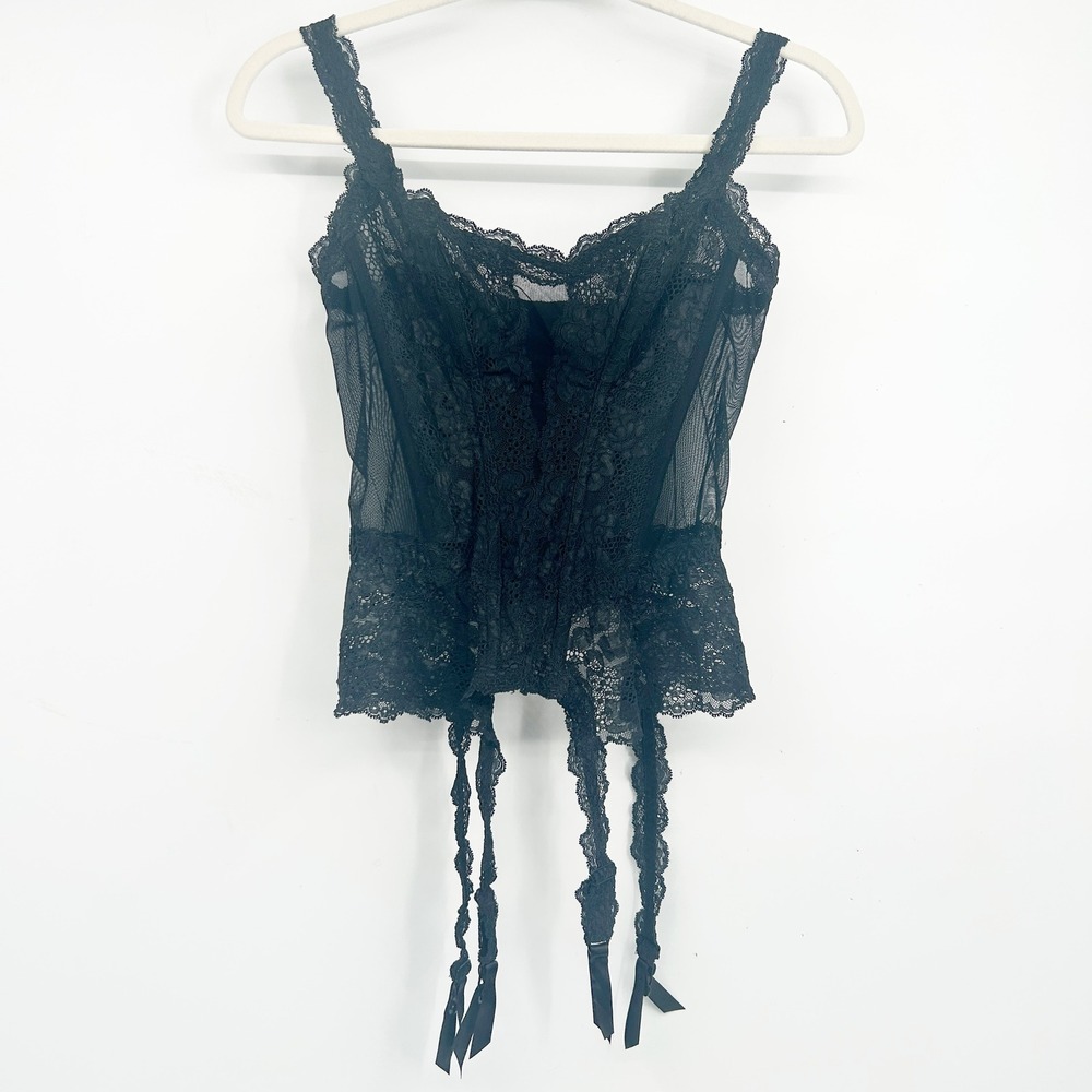 Victoria's‎ Secret Whimsigoth Vintage 90s Black Lace Garter Mesh Corset Top 36